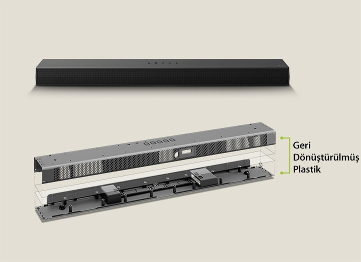 Arkada soundbar'ın önden bir perspektifi ve önde soundbar'ın metal bir çerçeve görüntüsü. Soundbar'ın metal çerçevesinin arkasına eğimli bakış ve çerçevenin kenarını gösteren "Geri Dönüştürülmüş Plastik" yazısı.