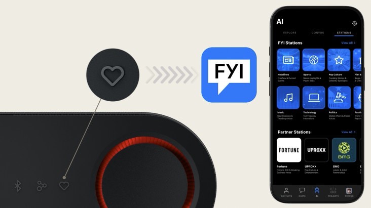 xboom Bounce'un My Button'ı vurgulanıyor ve uygulama ekranını göstererek FYI RAiDiO'yu oynatabileceğini söylüyor.