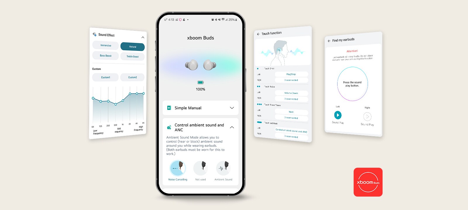 Bir cep telefonunun ekranında xboom Buds uygulamasının ana ekranı görüntüleniyor. Solda, aynı uygulamanın Ses Efekti ayarının kullanıcı ara yüzü görseli, solda Dokun özelliği ve Kulaklığımı bul özelliğinin kullanıcı arayüzü görseli yer alıyor.