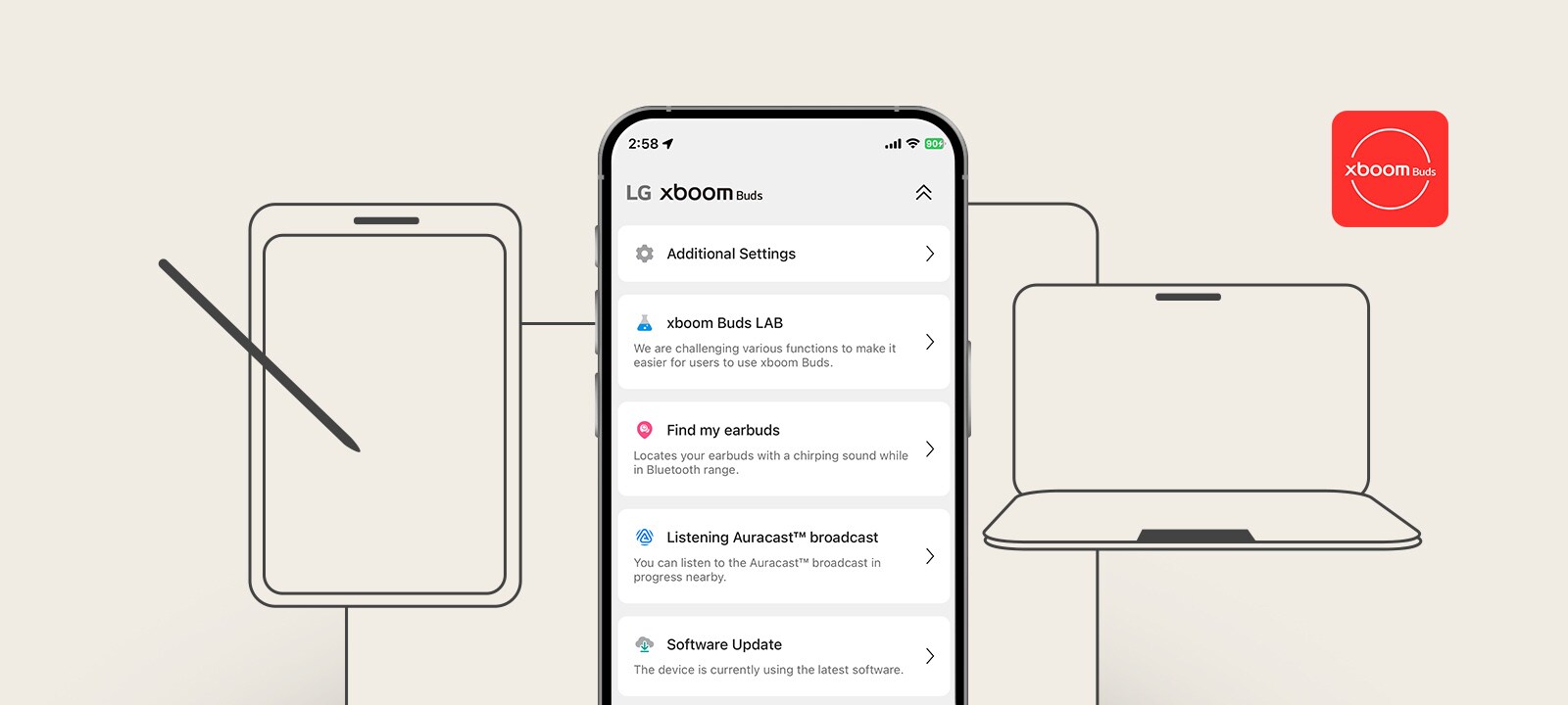 Ortada, xboom Buds uygulamasının çeşitli menülerini gösteren bir cep telefonu, cep telefonun yanında ise bir tablet, dizüstü bilgisayar ve diğer cihazların çizimleri yer alıyor.