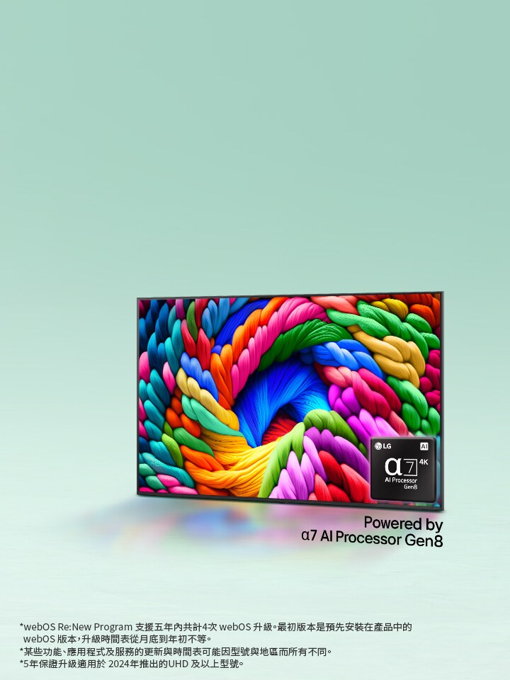 LG NanoCell TV 略微傾斜面向左側，螢幕上顯示色彩繽紛的繡線。alpha 7 AI 處理器 Gen8 標誌嵌在電視右下角。背景是淺藍綠色漸層效果。畫面也顯示文字「採用 alpha 7 AI 處理器 Gen8」。