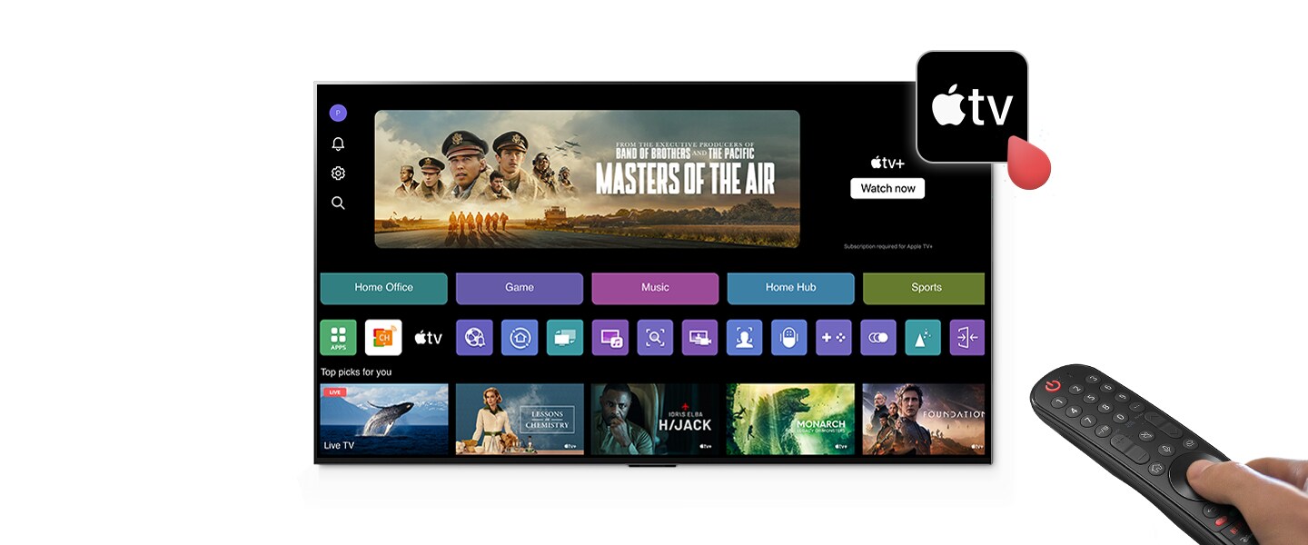 LG 智能電視 webOS 的影像。在 webOS 頁面中，有 Apple TV+ 的應用程式標示。