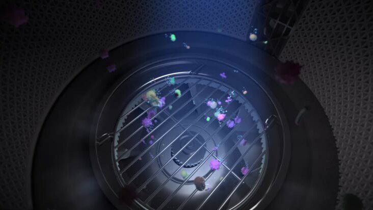 影片展示 LG 空氣清淨機的 UVnano 功能，利用紫外線消除風扇上的細菌，改善氣流