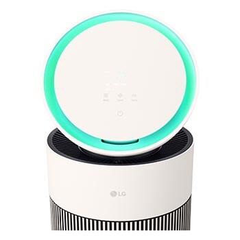 LG 空氣清淨機頂部顯示屏特寫，空氣品質指示燈亮起。