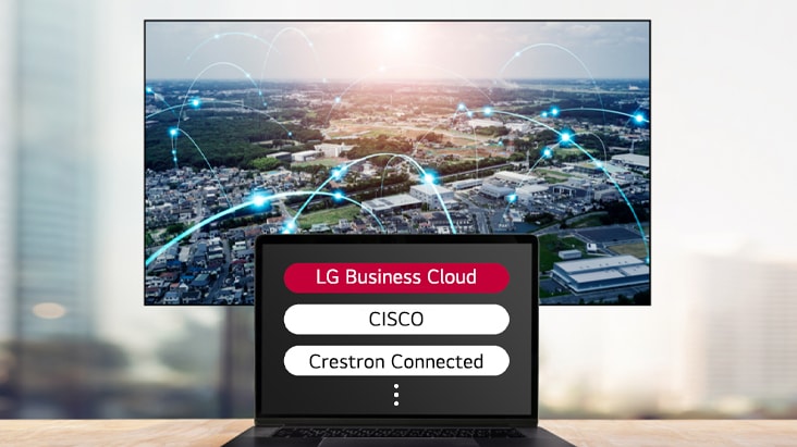 此圖片展示如 LG Business Cloud 和 Cisco 等解決方案可以與顯示器無縫整合。