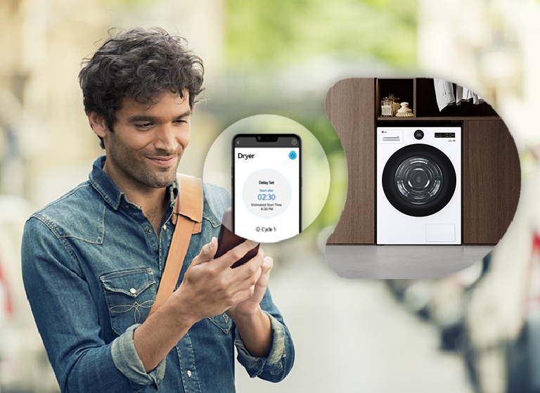 男子透過 ThinQ® APP遠端控制 LG 免曬衣乾衣機