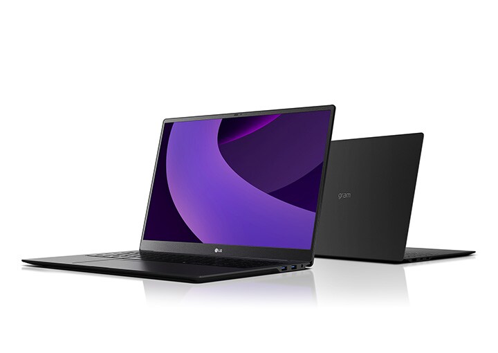 畫面顯示筆記型電腦的螢幕開啟並向左傾斜，電腦後方可見品牌標誌。畫面中有一個紫色圓柱形圖像穿過螢幕。