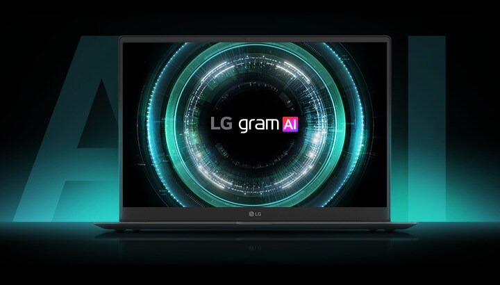 LG gram AI 筆記型電腦顯示著未來主義風格的發光介面，突顯包含 On-Device 與 Cloud AI 的 Hybrid AI 功能讓生產力更進一步。
