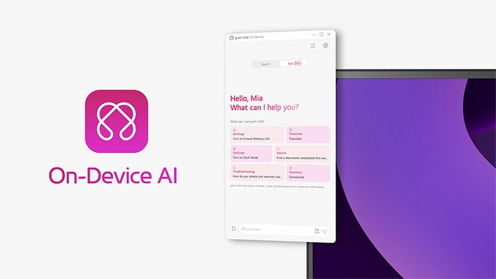 筆記型電腦顯示著 LG gram On-Device AI 介面，展現由離線 AI 驅動的智慧助理提升生產力、安全性與智慧功能。