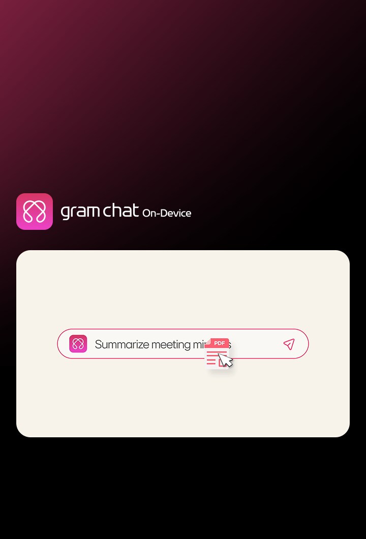 LG gram chat On-Device AI 正在離線總結 PDF 文件，畫面搜尋列中輸入了「總結會議記錄」字樣，並顯示即時處理圖示。