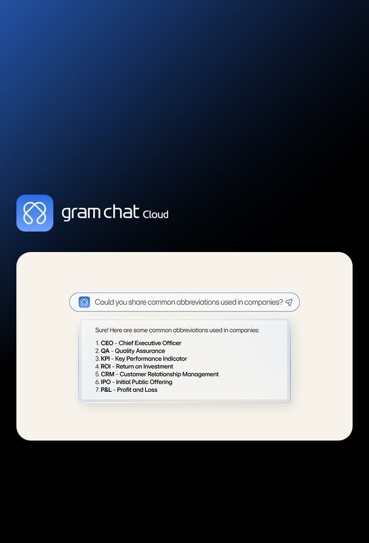 LG gram chat Cloud AI chatbot 正在回答有關常見公司縮寫的問題，畫面顯示回應中包含一份商業術語清單。