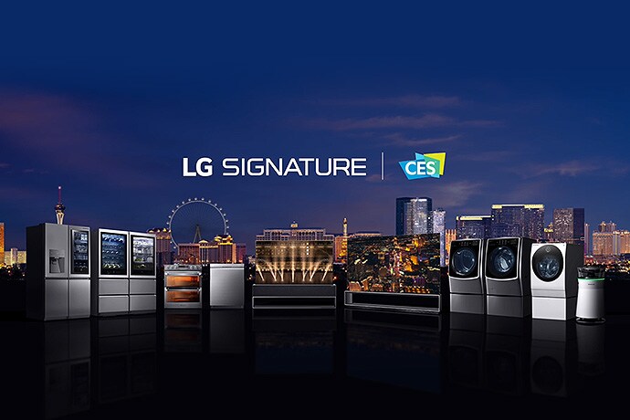 在拉斯維加斯的城市夜景為背景，展示所有的LG SIGNATURE產品