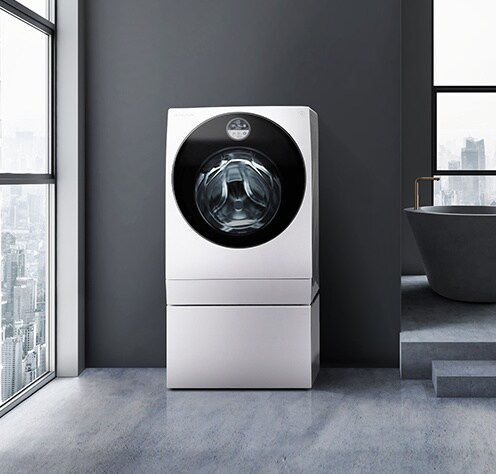 lg_signature_washingmachine屏幕旁邊會顯示lg_signature_washingmachine，該窗口可在黑暗的洗衣房中欣賞城市景觀。