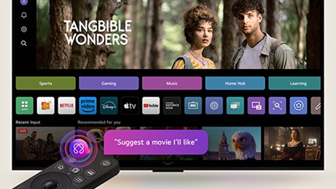 LG OLED 電視螢幕顯示 webOS 25 主頁，畫面充滿各式應用程式與娛樂內容。電視旁的 LG AI 魔術遙控器上，AI 按鈕亮起，模擬使用者語音啟動的情境。旁邊出現語音氣泡，畫面正在切換至「我的帳號」。