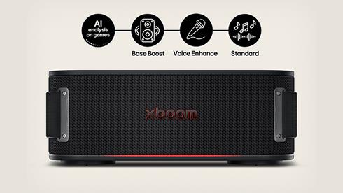 LG XBOOM 正面頂部展示「AI 音樂類型分析」功能，支援 低音強化（Bass Boost）、人聲增強（Voice Enhance） 與 標準模式（Standard）。