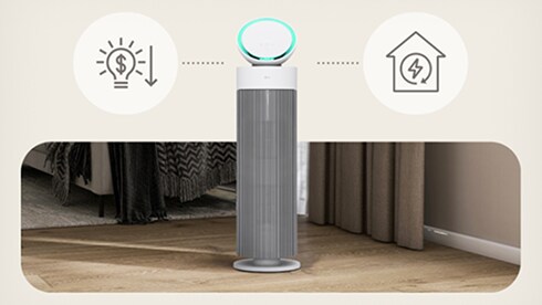 LG PuriCare AeroBooster 搭載 AI＋智慧空氣控制功能，有效節省更多能源。