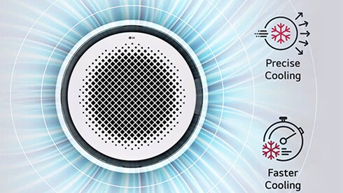 LG Round Cassette 從中央送出冷風，實現全方位360度氣流覆蓋。