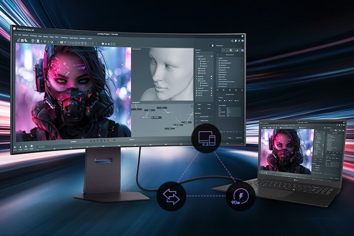 UltraWide 顯示器連接至筆記型電腦，顯示創意設計作品。	