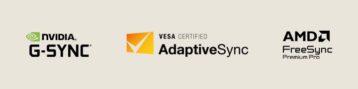 NVIDIA G-SYNC、VESA AdaptiveSync 和 AMD FreeSync Premium Pro 的標誌。