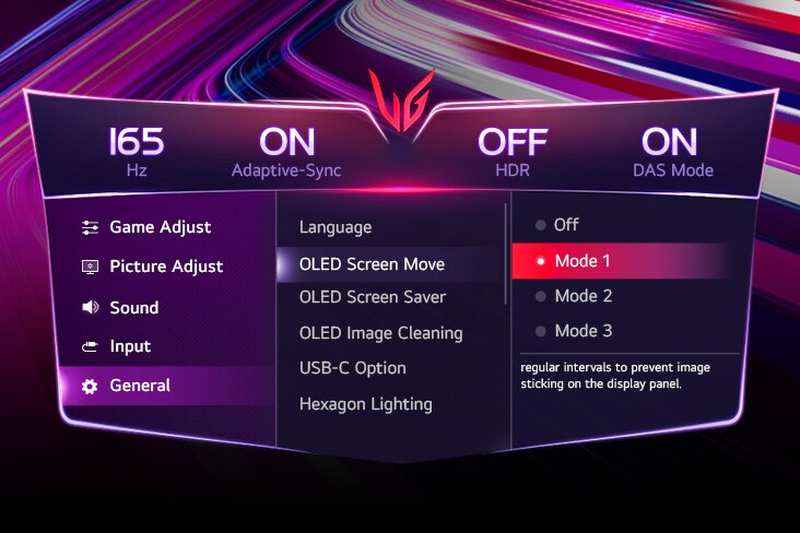 OLED 螢幕移動的 GUI 設定畫面。	