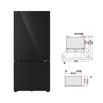 619L 四門冰箱黑色玻璃門型號正視圖，搭載 LinearCooling™ 和 DoorCooling+™ 技術 ({Sales Model Code})