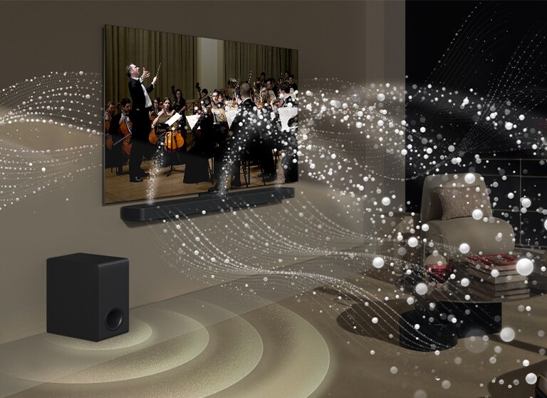 LG TV、LG Soundbar 和重低音喇叭位於客廳，正在播放音樂表演。白色水滴形成的聲波從 soundbar 向上和向前射出，並從電視投射出來。底部的重低音喇叭正在產生聲音效果。