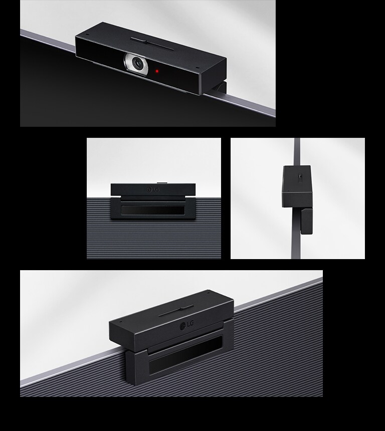 LG Smart Cam 產品共有四張圖片。上圖顯示了處於打開狀態的攝像機，而中間的圖並排顯示了後視圖和側視圖。下圖從側面展示了產品的背面。