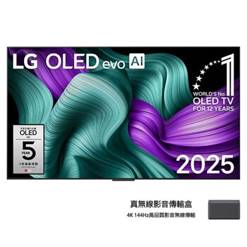 LG OLED M5 電視前視圖。螢幕上顯示著「12 年全球第一 OLED」標誌與「LG OLED evo AI 2025」標誌。Zero Connect Box 在一角顯示，並附說明：「搭載 4K 144Hz 無線視頻和音頻傳輸技術的 Zero Connect Box」