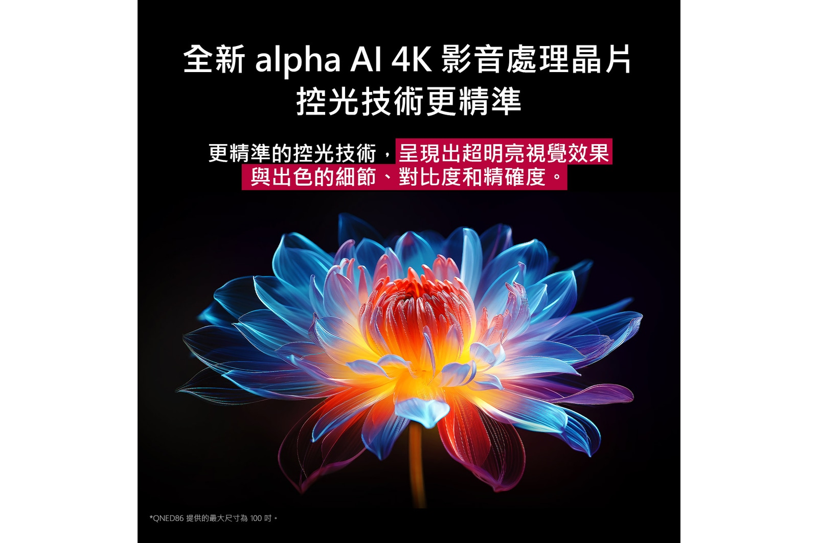 色彩繽紛且色調豐富的 3D 全像花朵放置在深色背景中。花朵的清晰度和細節展示出 QNED MiniLED 能夠呈現具有出眾色彩、亮度和對比度的視覺效果。標題說明 MiniLED 如何增強清晰度並呈現卓越對比度。