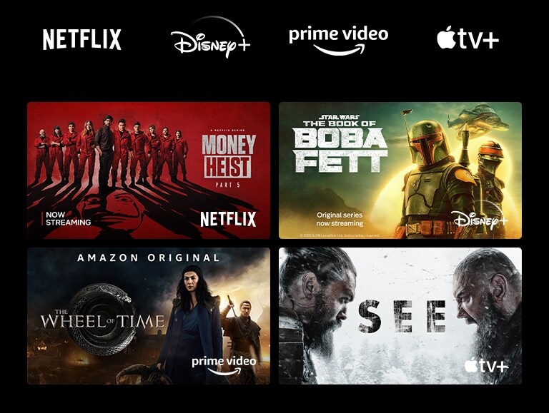 Netflix 的《紙房子》、Disney Plus 的《波巴·費特之書》、Prime Video 的《時光之輪》和 Apple TV Plus 的《末日光明》海報。