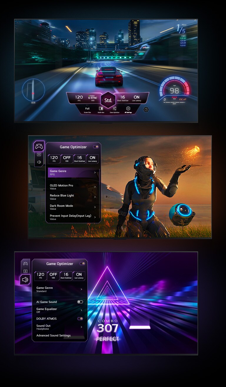 LG OLED M3使用遊戲最佳化設定依據遊戲類型和遊戲環境提供理想設置。深入「聲音」選項增強遊戲的音效，或在「遊戲」選項中調整設定，確保一切看起來和感覺都恰到好處。不需要暫停遊戲，只需從遊戲儀表板開啟，會在您遊戲時懸浮在畫面上。