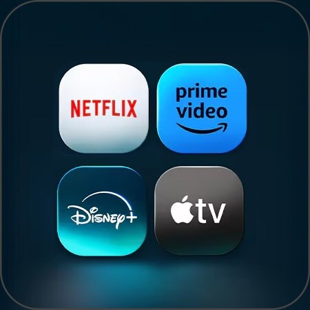 串流服務圖示包括 Netflix、Prime Video、Disney+ 和 Apple TV，突出顯示了與 LG AI 整合的 webOS 24