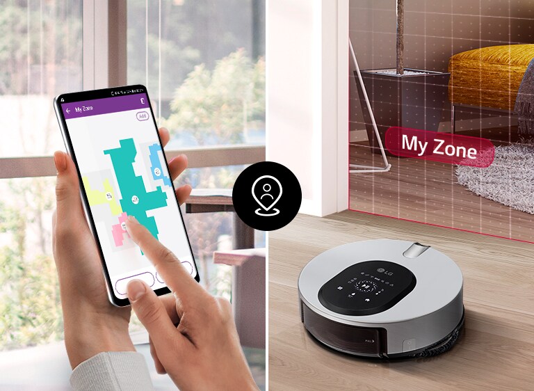 Three icons at the top indicate a carousel of images. The third, labelled My Zone, is red. There are two images: the left image shows a hand touching the phone screen that has a map. The second shows the machine on the floor in the house. There is an grid drawn across an entrance to a room labeled "My Zone" indicating this room was not chosen to be mopped today.