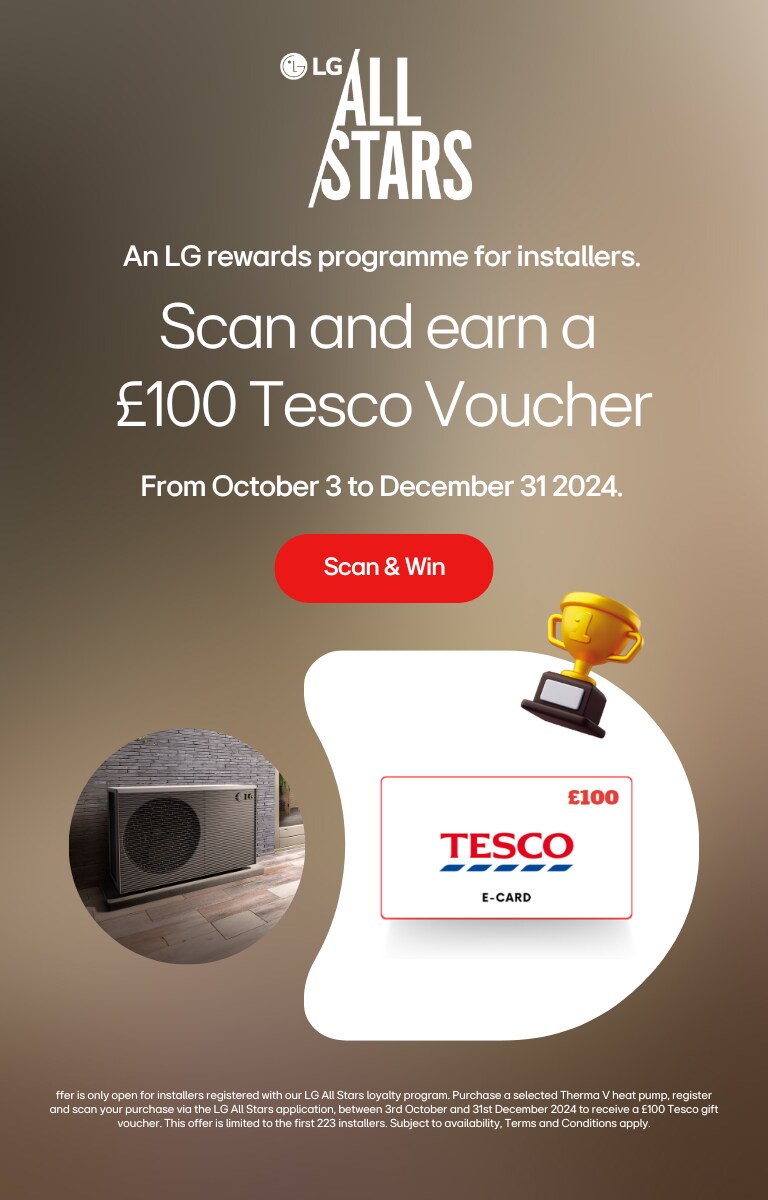 lg all start logo at the top of the page with promotional copy and and image of an lg heating unit with tesco logo and an offer