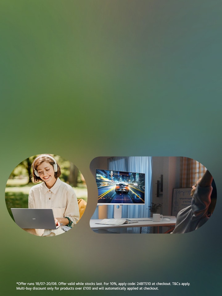 A young woman wearing headphones, smiling while working on an lg gram laptop. A young person enjpys watching a racing game on an lg monitor, in her room.