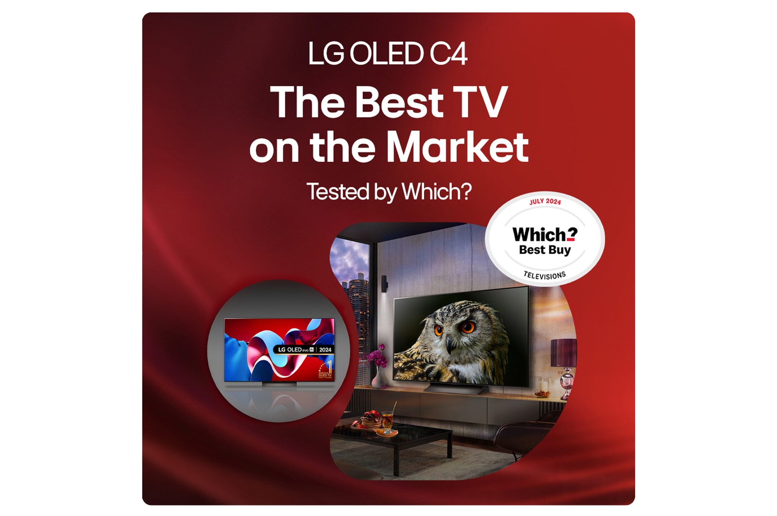 lg c4 tv in a babble with the Which? best buy logo above it and a large c4 tv in a lifestyle setting
