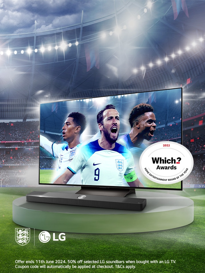 large LG OLED TV on a stand with england's football players on the screen placed on the pedestal with a stadium in the background and which? award badge on the right side of the tv 