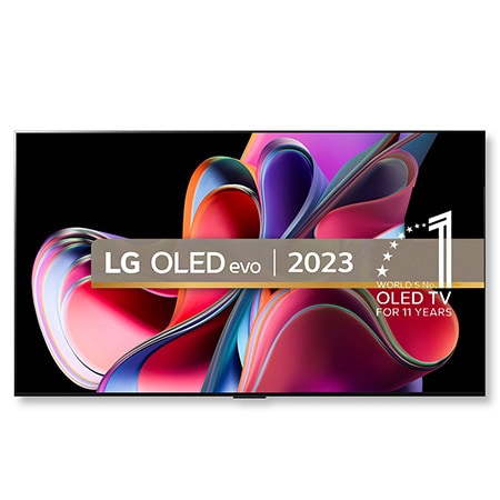 Front view with LG OLED evo, 10 Years World No.1 OLED Emblem, and 5-Year Panel Warranty logo on screen