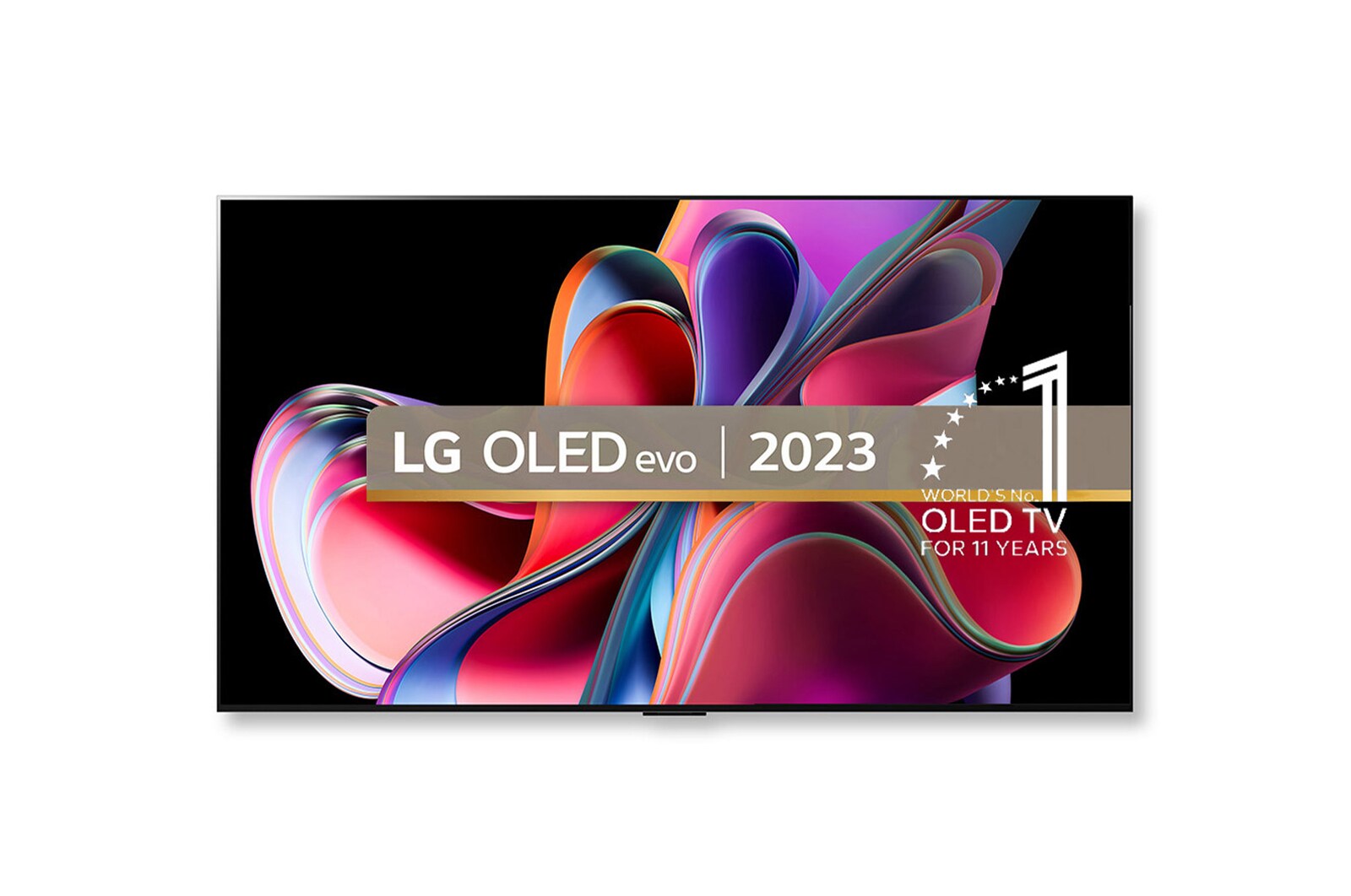 Front view with LG OLED evo, 10 Years World No.1 OLED Emblem, and 5-Year Panel Warranty logo on screen