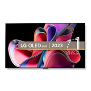 Front view with LG OLED evo, 10 Years World No.1 OLED Emblem, and 5-Year Panel Warranty logo on screen