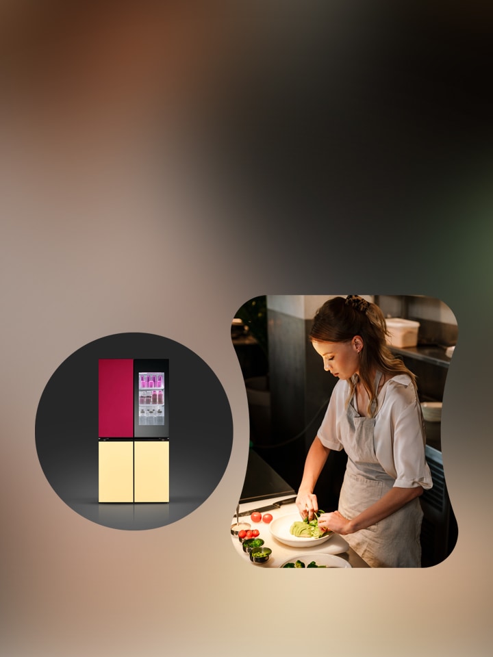 LG mood up fridge and a young lady preparing a meal working in a kitchen