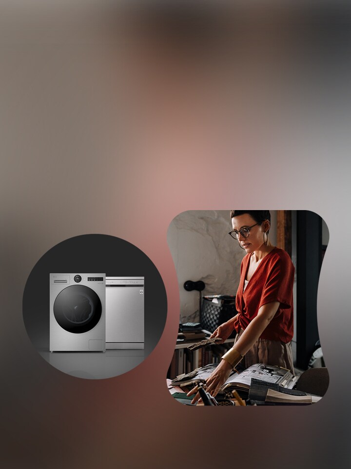 two lg products washing machine and dishwasher in a circular graphic and a interior designer working in the office  