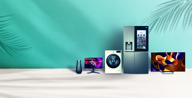 selection of lg products on a azure blue background to promote a multi buy promotion