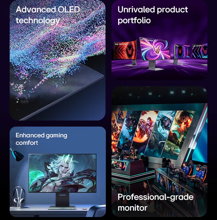 4 block images, from left to right; advanced OLED technology, unrivaled product portfolio, enhanced gaming comfort, professional-grade monitor