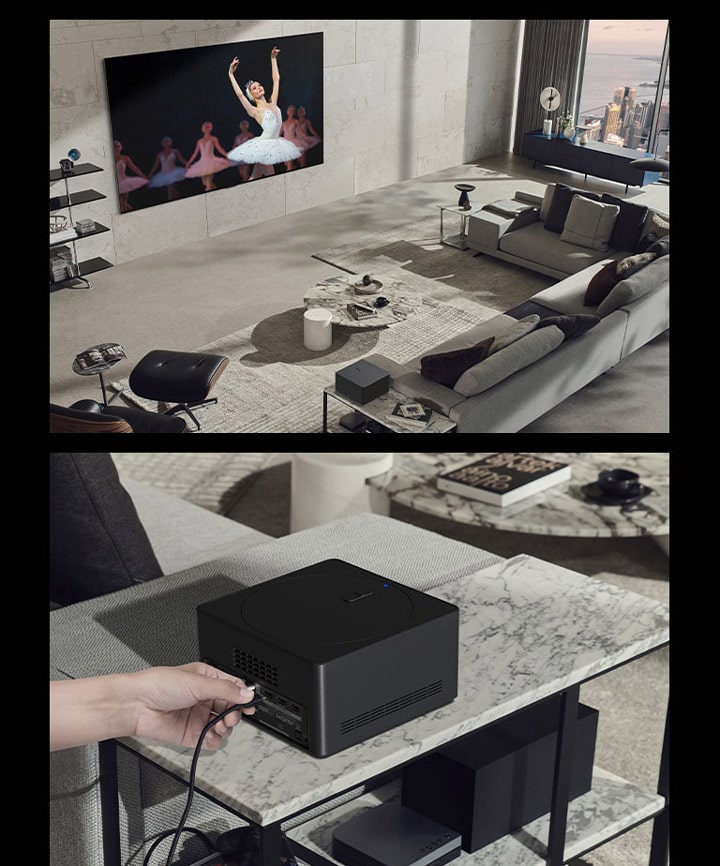 One image shows a man playing a game on his LG OLED TV while his dog lies on the floor in a cozy living space with neutral décor. A city view is visible through the window. No wires surround the wall-mounted LG OLED TV, and the Wireless Connect Box sits neatly on a side table. And the other image shows a person's hand connecting a device to the Wireless Connect Box.