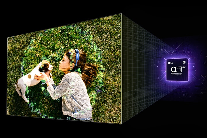 An LG AI TV hovers at an angle on a black background display an image of a girl with a dog, and a graphic of the alpha 11 AI Processor 4K hovers behind, lit up by purple neon light. Gridlines project from the chipset to the TV and a ripple effect appears on the TV screen as the screen image becomes brighter. The chipset and TV become one, turn to the front, and an LG Magic Remote appears bottom center. The screen image gets smaller and the Magic Remote scrolls through the Top Picks For You menu. The following logos are displayed: LG Channels, Netflix, Prime Video, Disney+, Apple TV, YouTube, Spotify, Twitch, GeForce Now, and Udemy.	