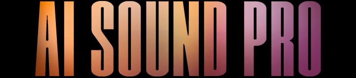 Text reading 'AI SOUND PRO' in bold, capital letters with a gradient colour scheme ranging from orange and brown on the left to pink and purple on the right, set against a black background.