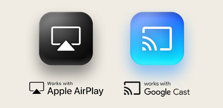 Apple Airplay logo to the left and a Google Cast logo on the right.	