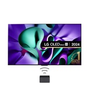 Front view with LG OLED TV, OLED M4 SIGNATURE on a stand, 11 Years of world number 1 OLED Emblem, webOS Re:New Program logo, 5-Year Panel Warranty logo on screen, and a Zero Connect Box with 4K wireless video & audio transfer connected to a TV, and a Wi-Fi signal coming out of the box