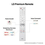 An LG SIGNATURE OLED M4 with a scenic image on the screen stood on a marble floor against a floor-to-ceiling window in a modern living space, and a Zero Connect Box on a small table in front with devices tucked neatly underneath.